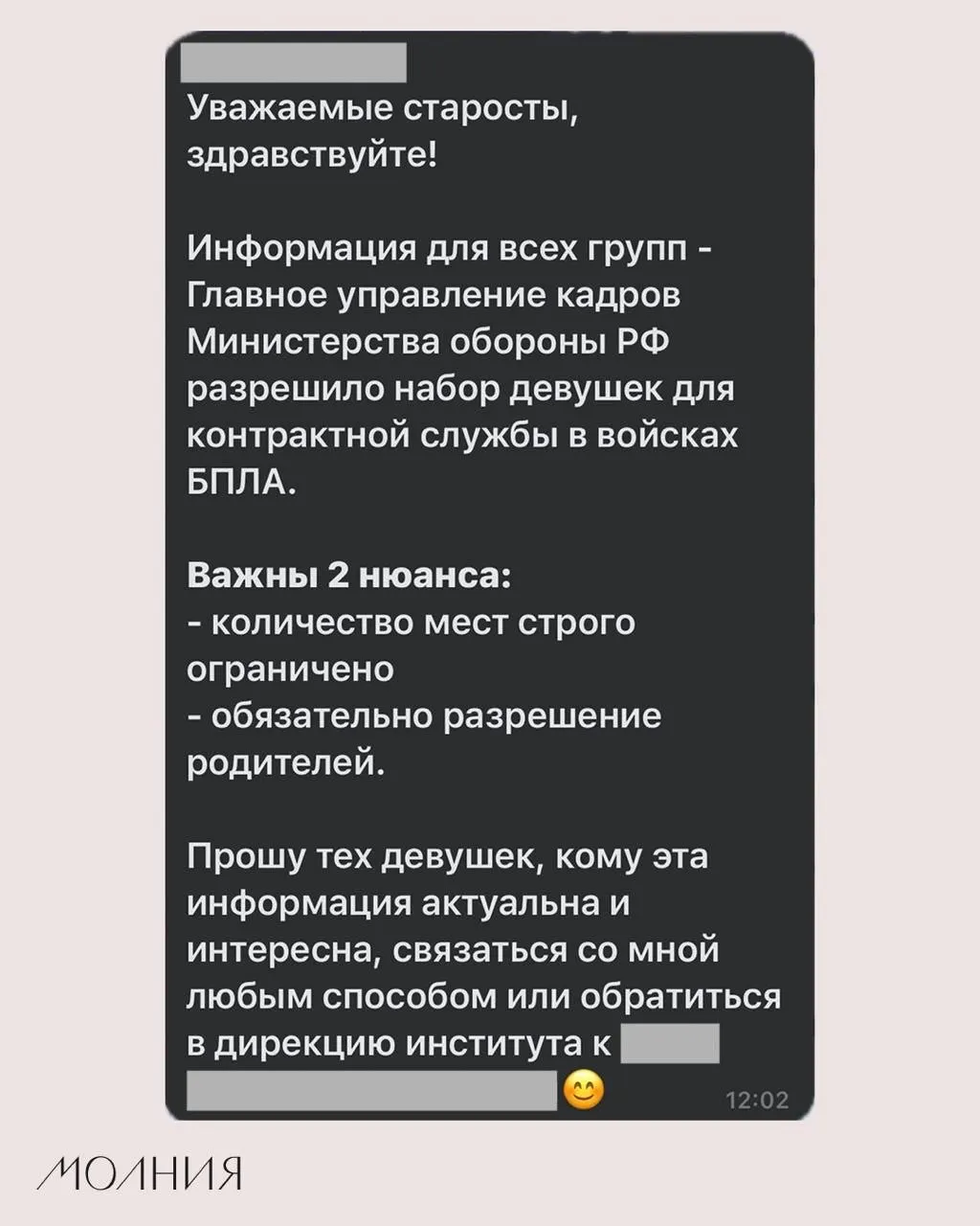 В Институте филологии и языковой коммуникации СФУ старостам поручили распространить сообщение о наборе девушек на контрактную службу в войсках беспилотных летательных аппаратов.