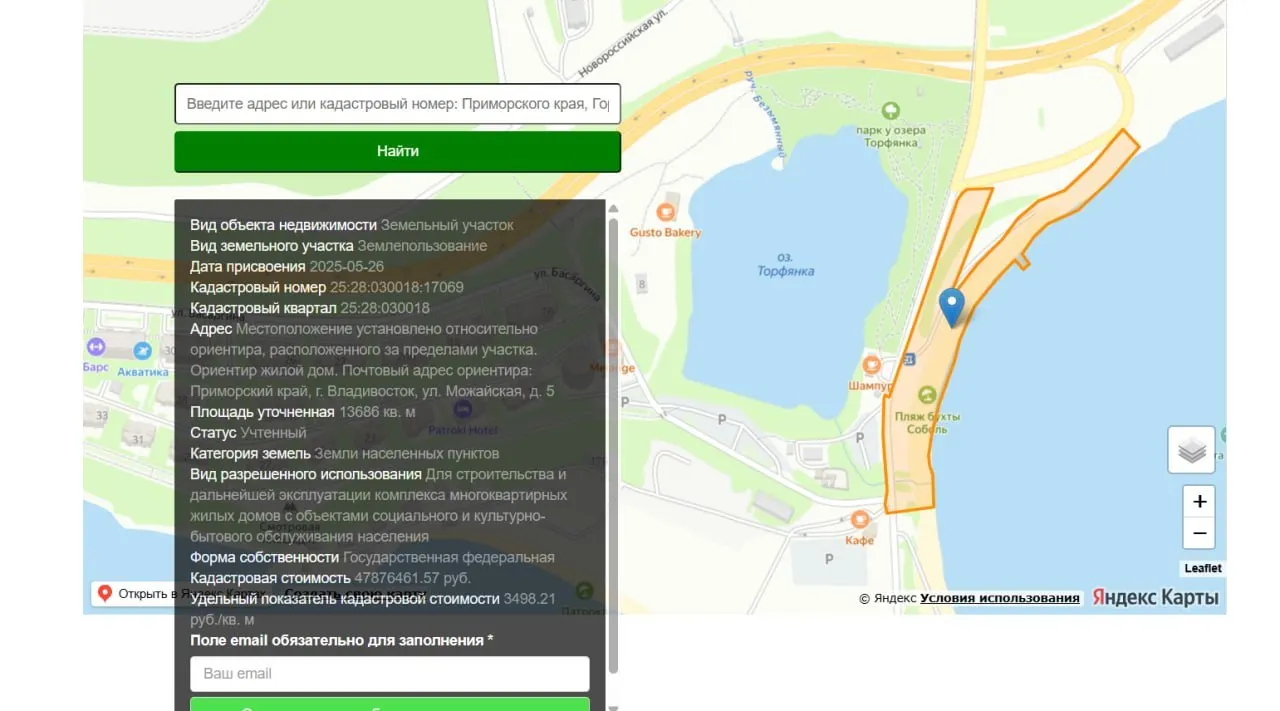 Участок пляжа бухты Соболь площадью 13 тыс. м² и стоимостью 47,8 млн руб. числится в аренде у неизвестного лица — мэрия и правительство края не признают отношения к участку, распоряжение принадлежит приморскому управлению Росимущества. На кадастровой карте земля помечена под жилую застройку.