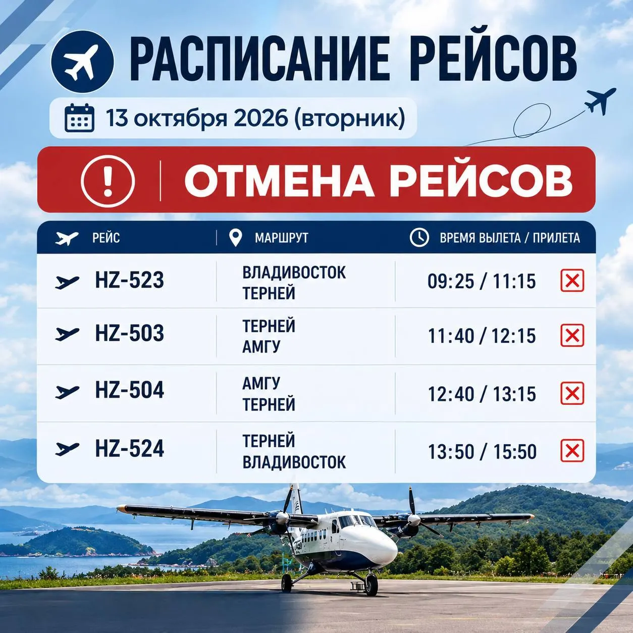 Из-за плохой погоды отменены четыре авиарейса по маршрутам Владивосток — Терней — Амгу и обратно.